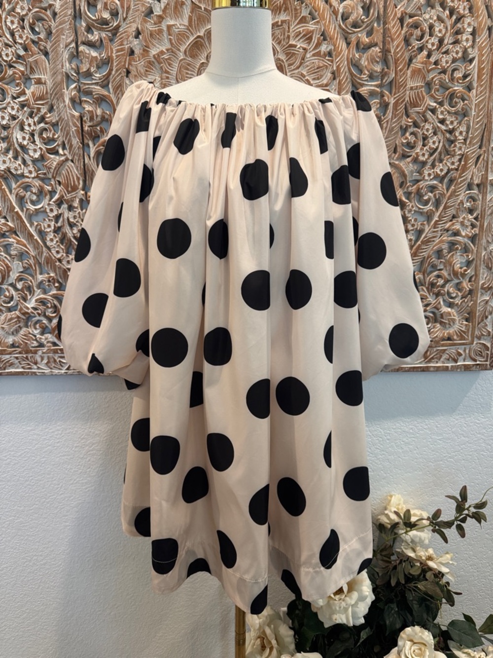 Fore Cream & Black Polka Dot Balloon Sleeves Mini Dress - Picture 2 of 13
